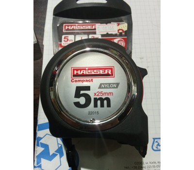 Рулетка HAISSER Compact 5мx25мм, нейлон, прогумований корпус, 2 стопа, магніт,